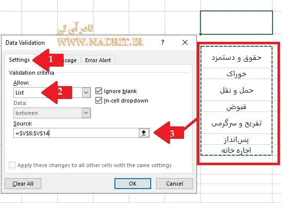 آموزش ایجاد منوی کشویی در اکسل و اعتبارسنجی داده 3 نادر آی تی