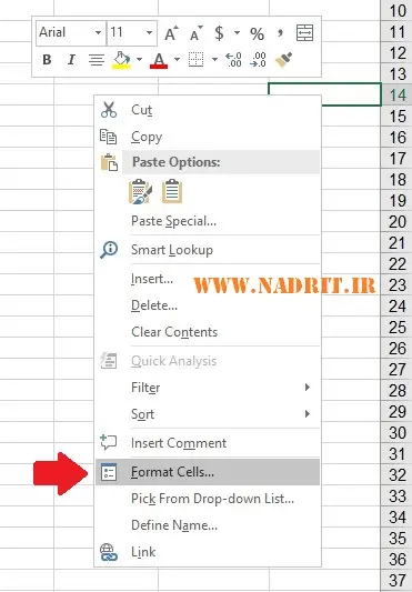 نحوه باز کردن پنجره Format Cells در اکسل - نادر آی تی